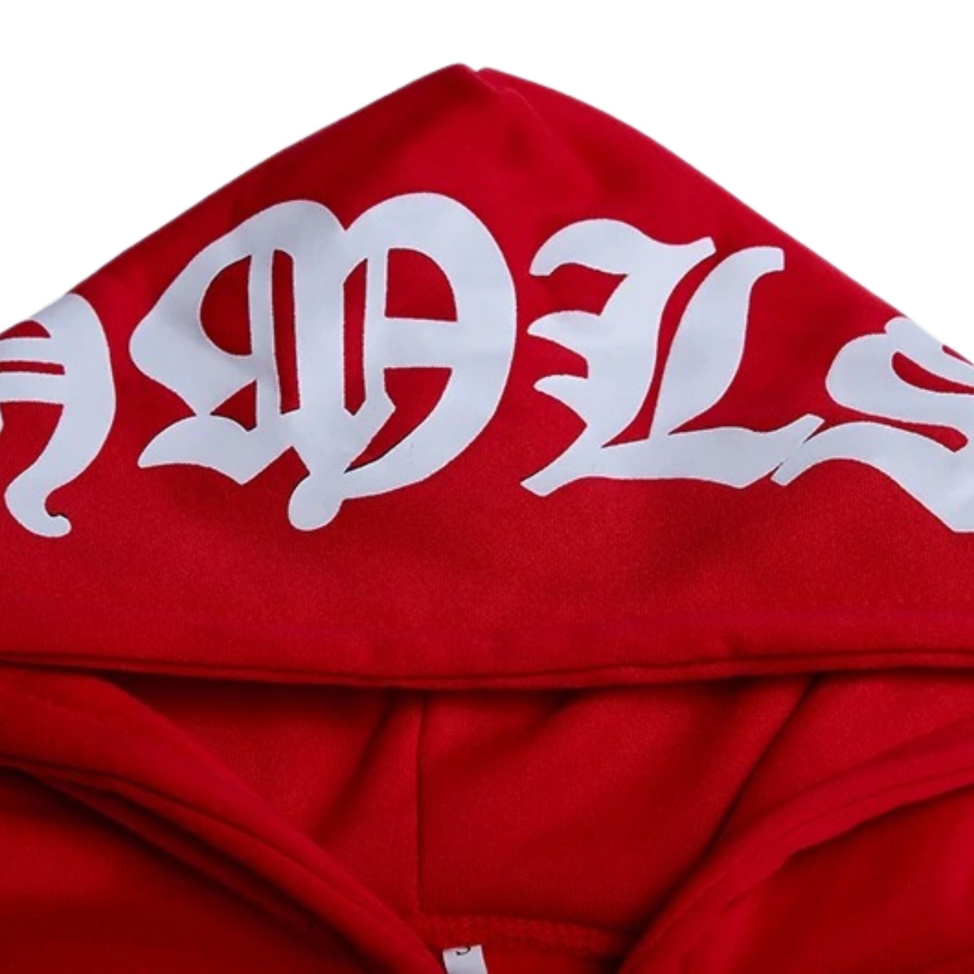 Red hoodie with white text on a white background