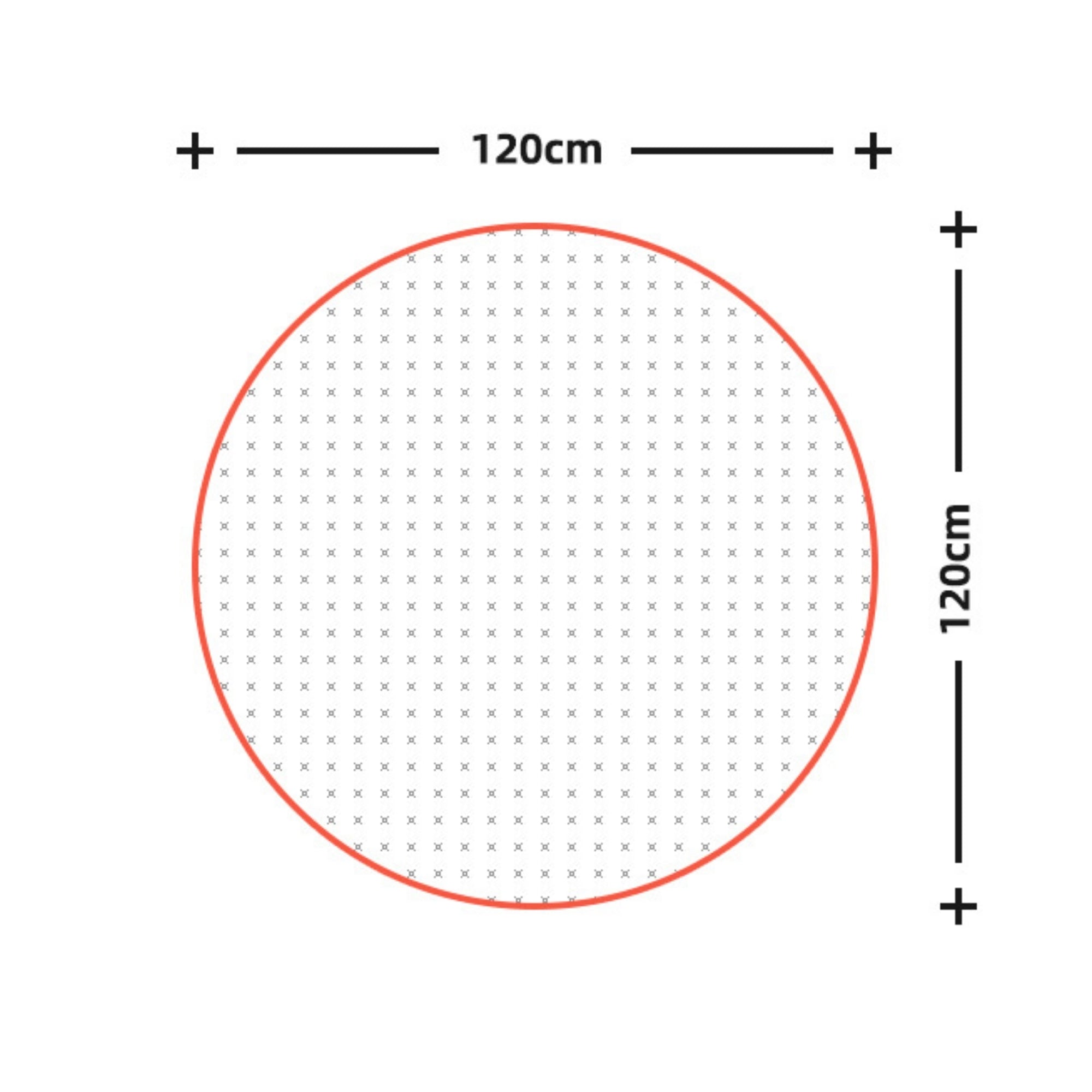 Measurement chart with a red circle and dimensions on a white background