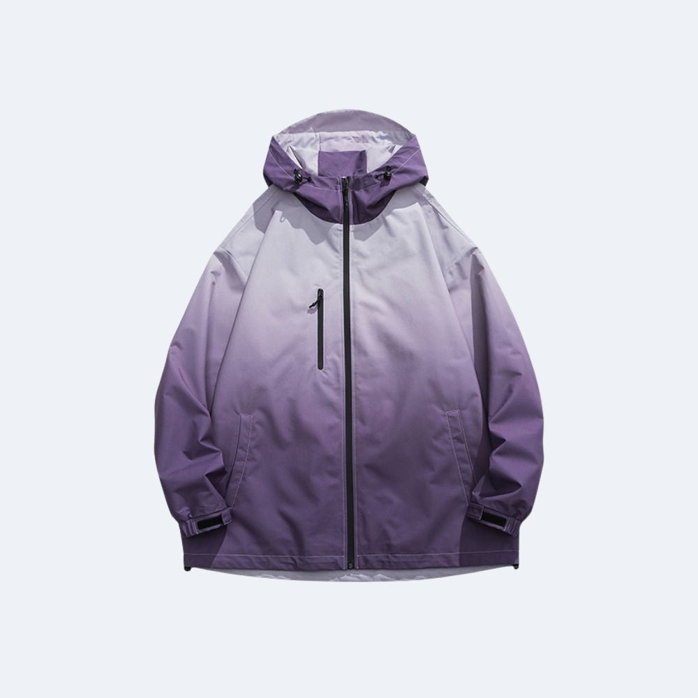 Purple. A hooded zip-up jacket with a purple-to-light-gray ombré color gradient, shown flat.