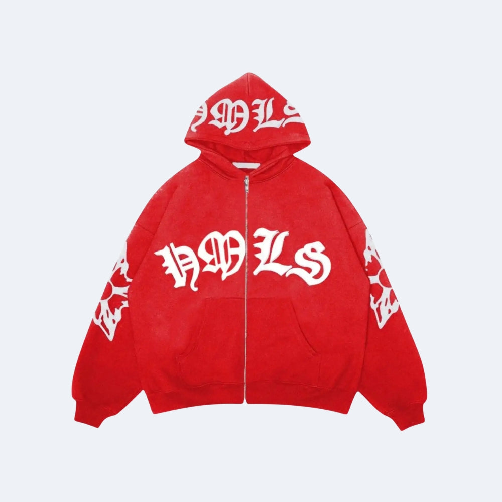 Red. A bright red zip-up hoodie with white Gothic-style lettering across the chest.