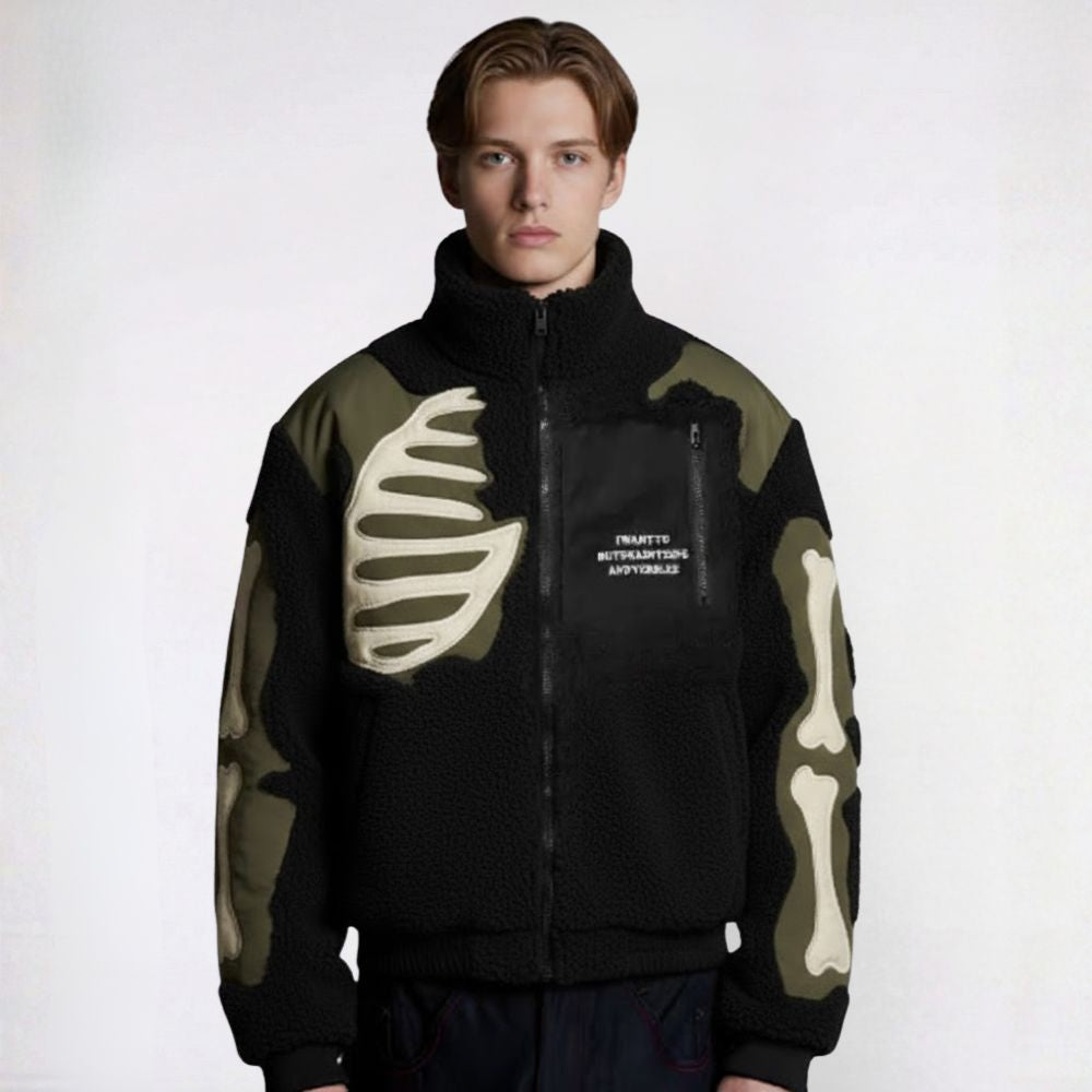 Person wearing a black and green jacket with skeleton design on a white background