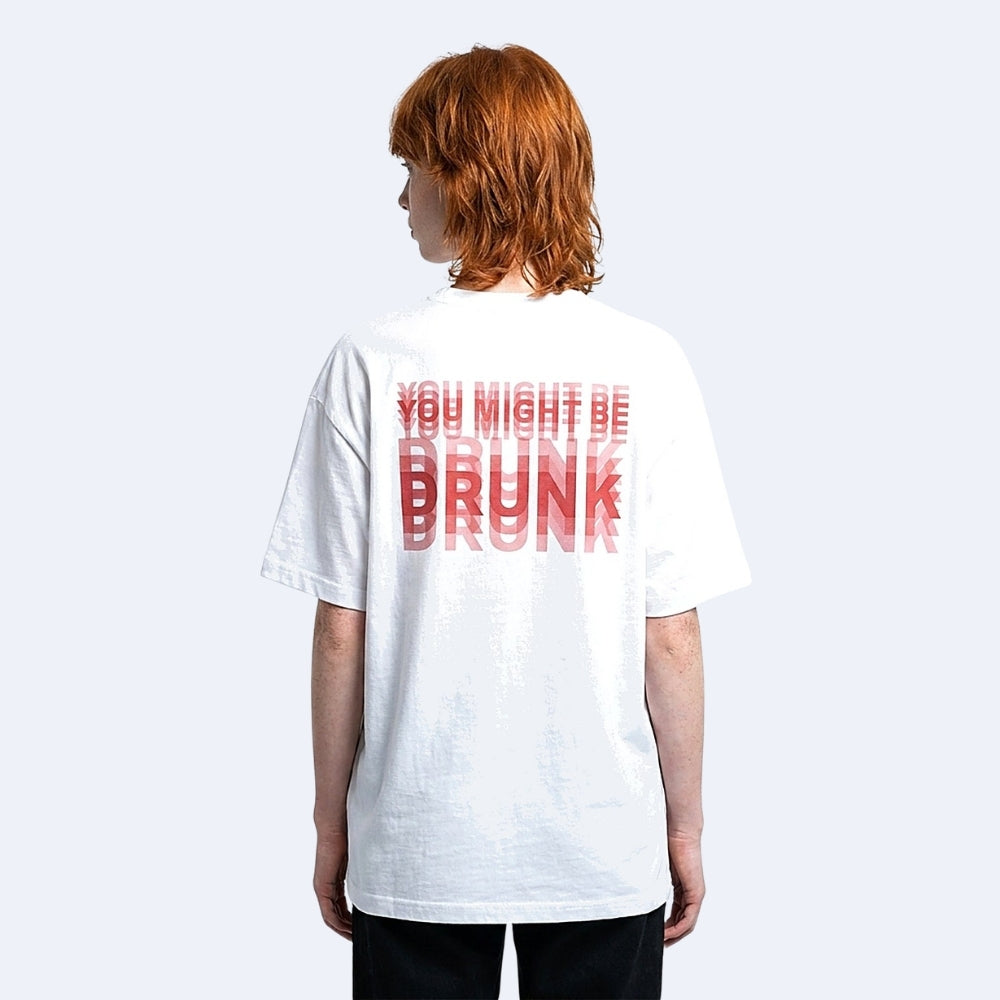 White. KRUX You Might Be Drunk white tee, red DRUNK back print shown on a model — streetwear back view
