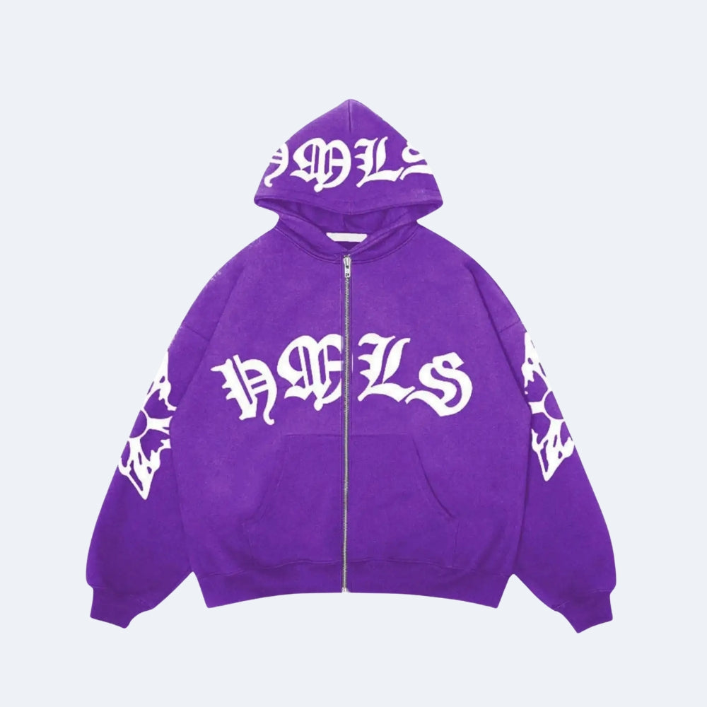Purple. A purple zip-up hoodie with white Gothic lettering across the chest, hood, and both sleeves.