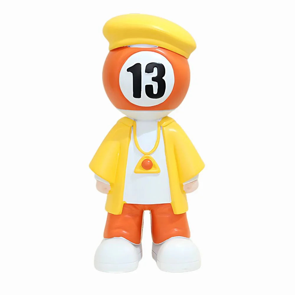 Toy figure with a yellow hat, orange outfit, and number 13 on a white background
