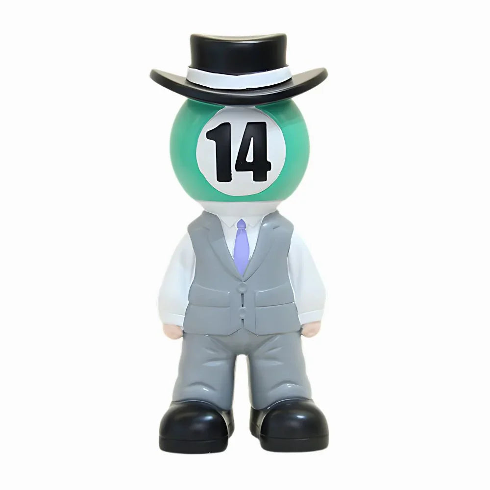 Figurine with a green ball head, gray suit, and black top hat on a white background