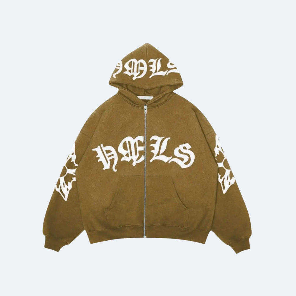Brown. A brown zip-up hoodie with white Gothic lettering on the hood, front, and sleeves.