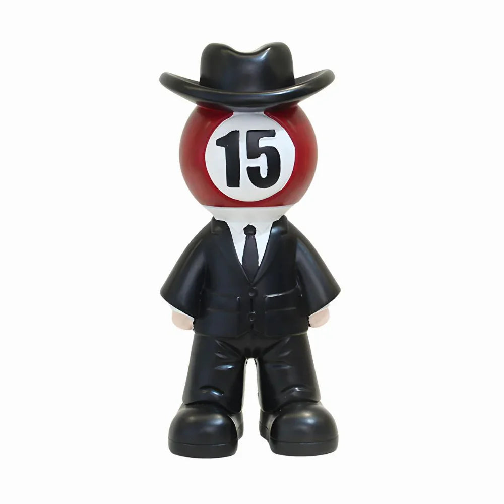 Toy figure with a black hat, red body, and number 15 on a white background