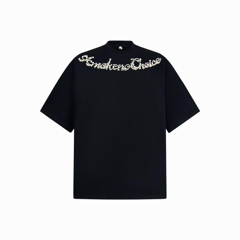 Black t-shirt with white text on a white background
