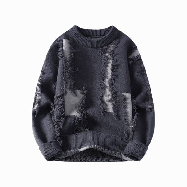 Black distressed sweater on a white background