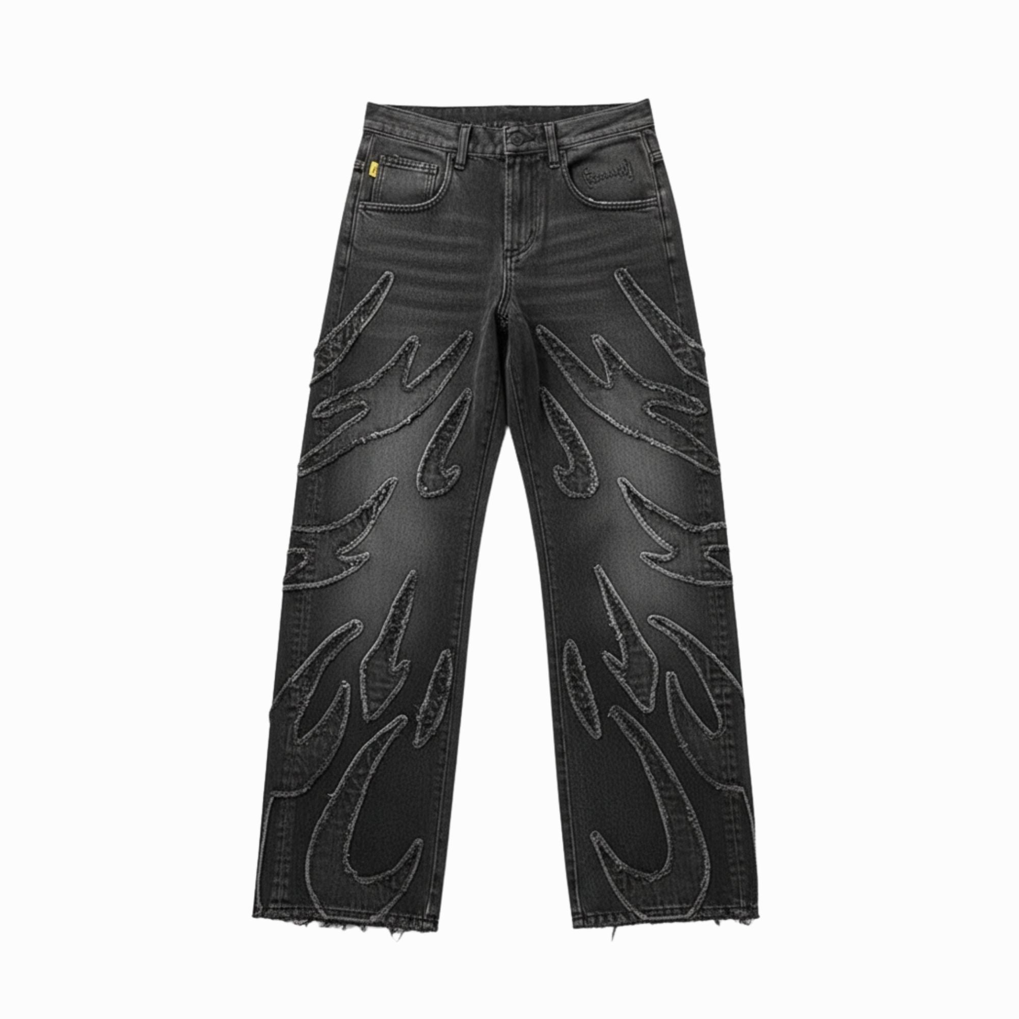 Black jeans with flame patterns on a white background