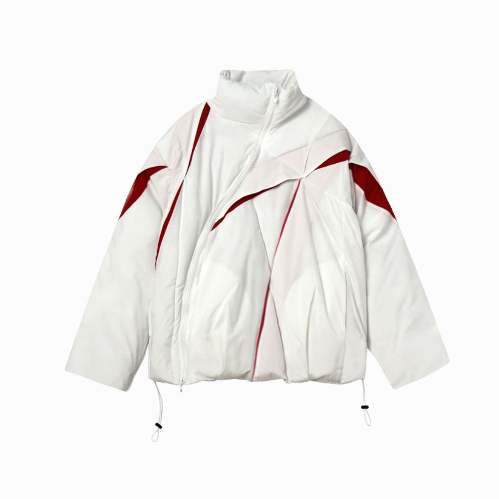 White puffer jacket with red accents on a white background
