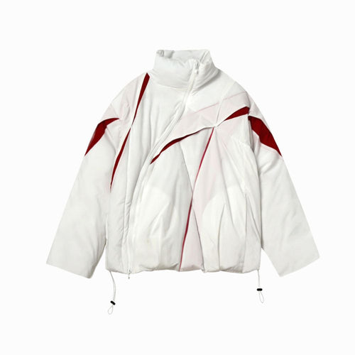 White puffer jacket with red accents on a white background