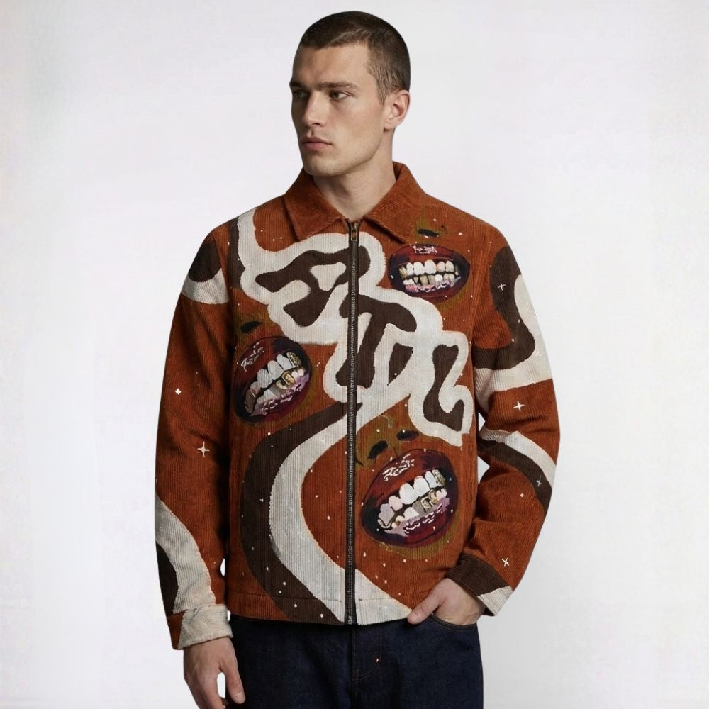 Man wearing a unique jacket with abstract designs on a white background