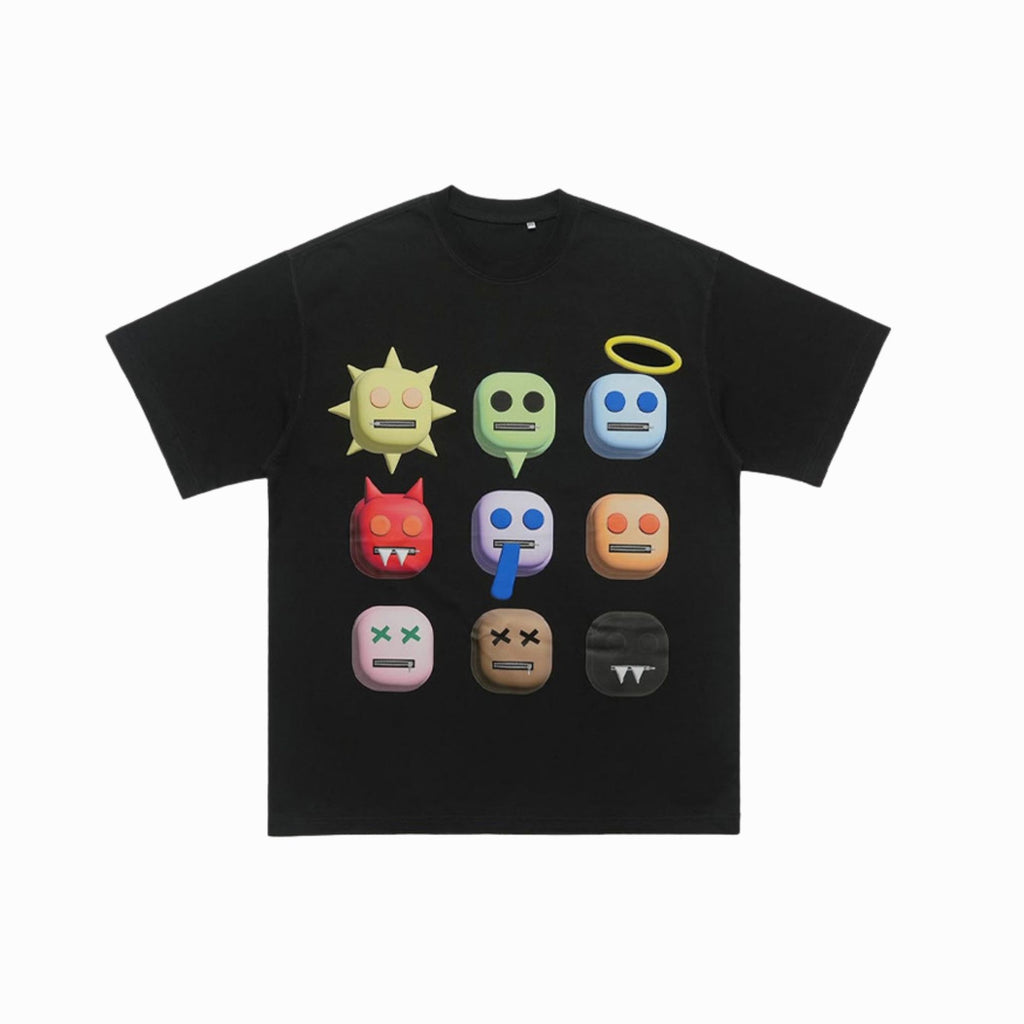 Black t-shirt with colorful emoji-like character designs on a white background