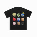 Black t-shirt with colorful emoji-like character designs on a white background
