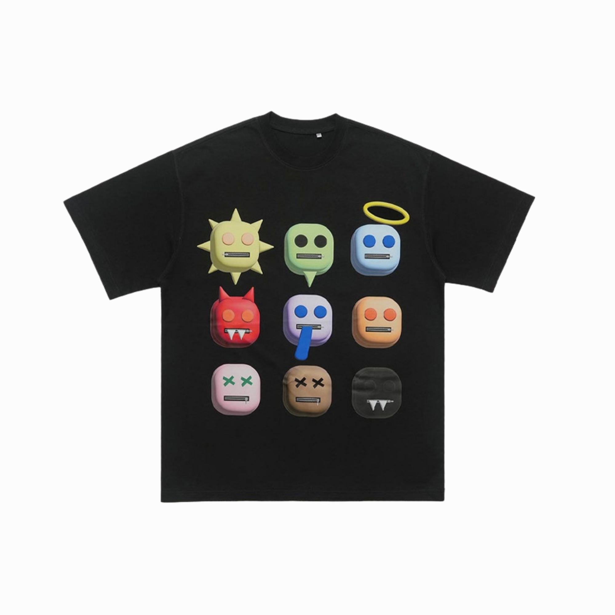 Black t-shirt with colorful emoji-like character designs on a white background