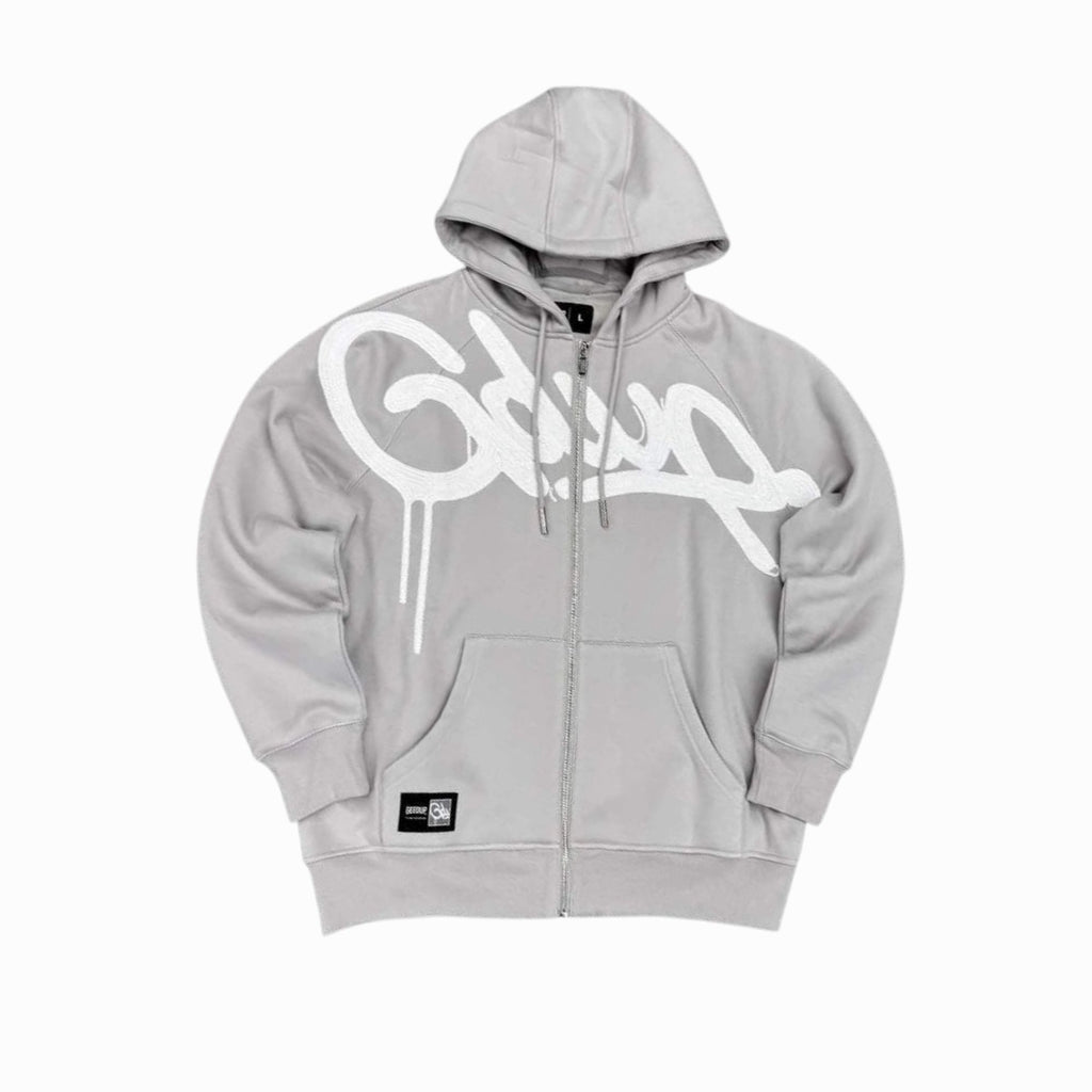 Gray hoodie with a white logo on a white background
