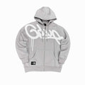 Gray hoodie with a white logo on a white background