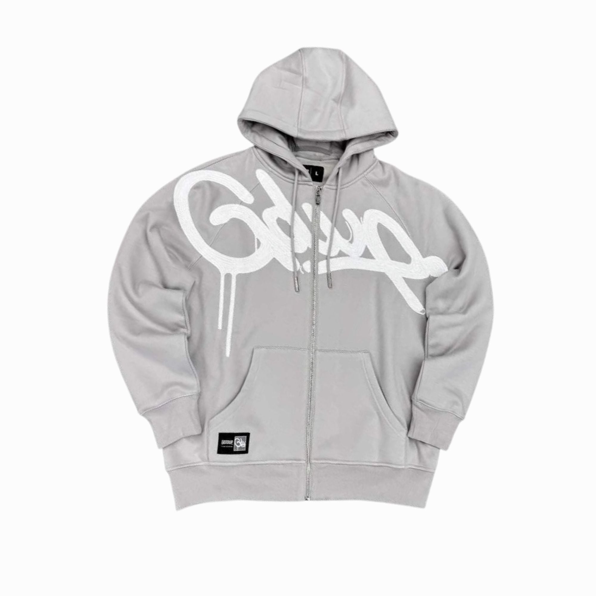 Gray hoodie with a white logo on a white background