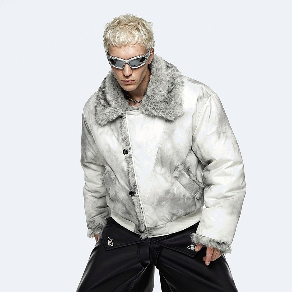 White. KRUX Blizzard faux-fur bomber jacket in white, worn by a male model — front view with grey fur collar