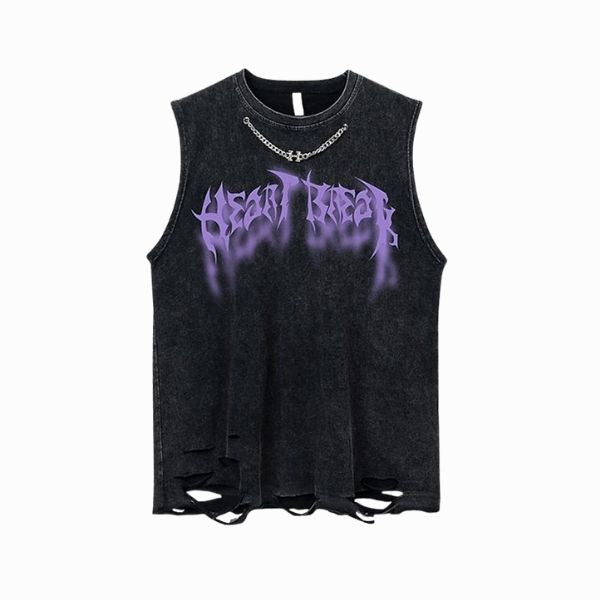 Black sleeveless shirt with purple text on a white background