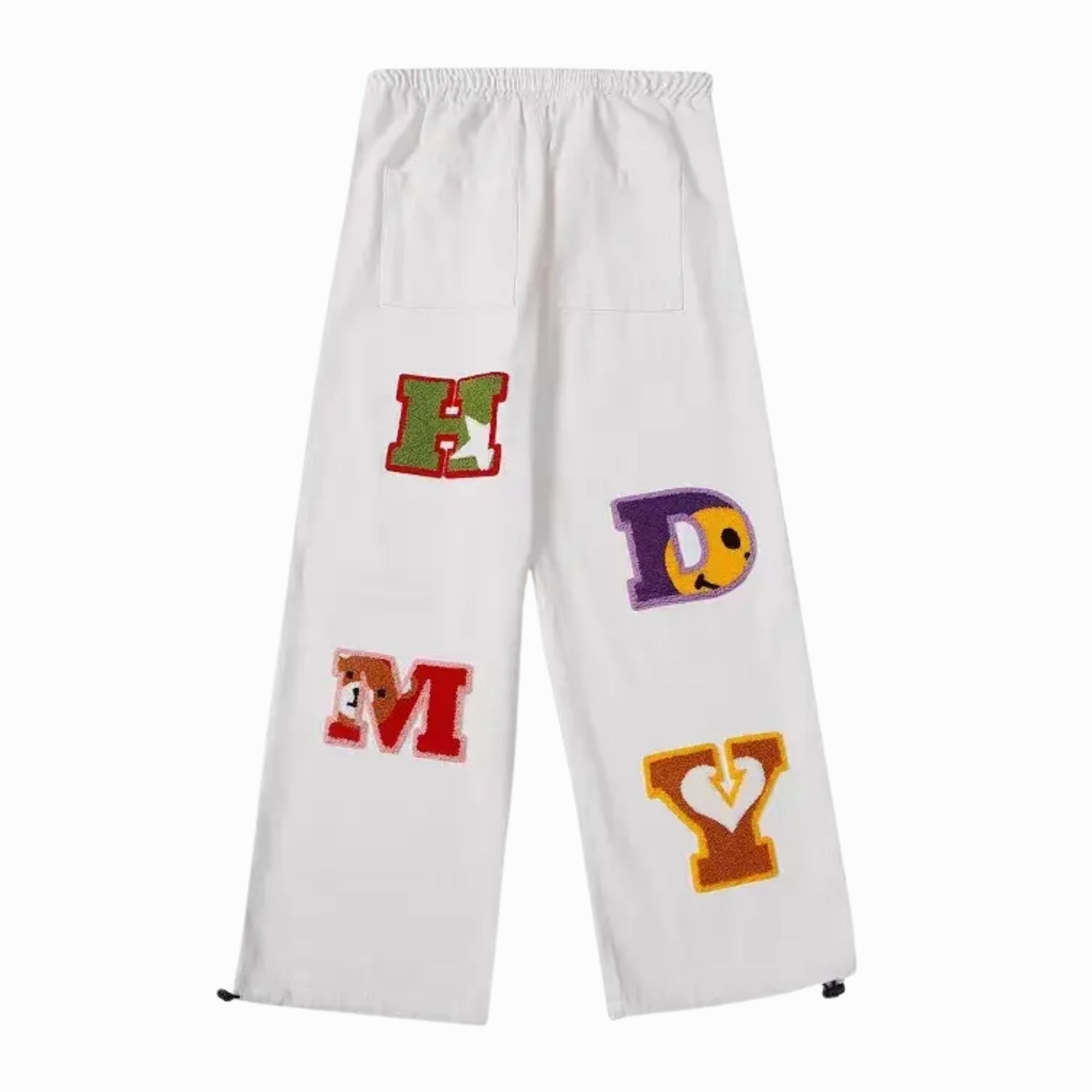 White sweatpants with colorful letters on a white background