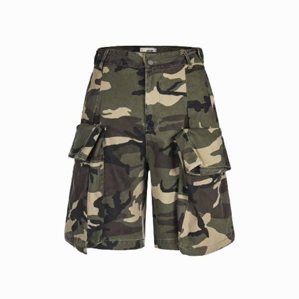 Camouflage cargo shorts on a white background