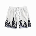 White shorts with black flame patterns on a white background