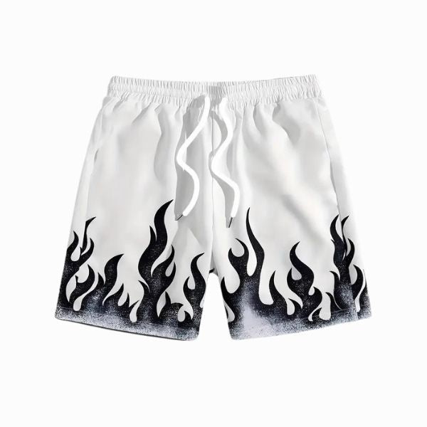 White shorts with black flame patterns on a white background