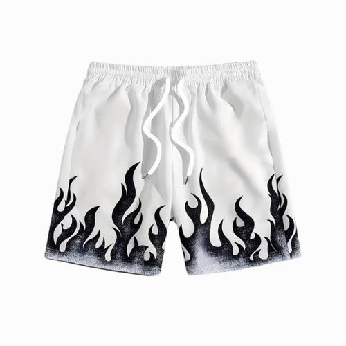 White shorts with black flame patterns on a white background