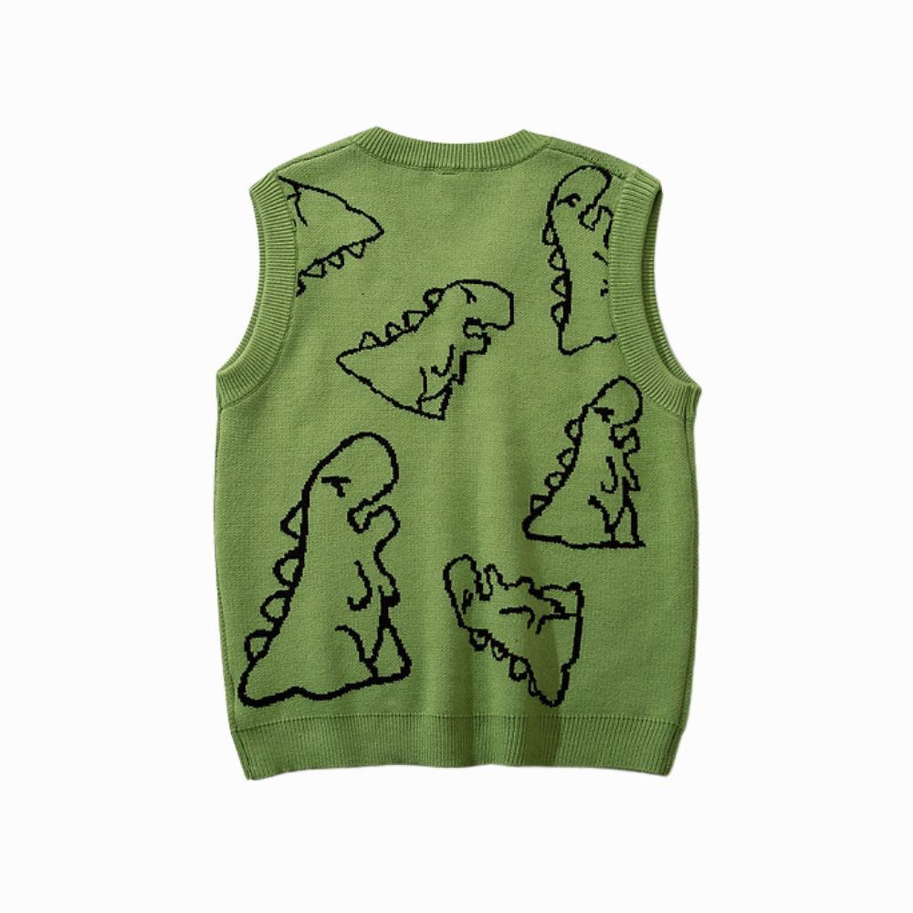 Green sleeveless sweater vest with dinosaur designs on a white background