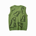 Green sleeveless sweater vest with dinosaur designs on a white background