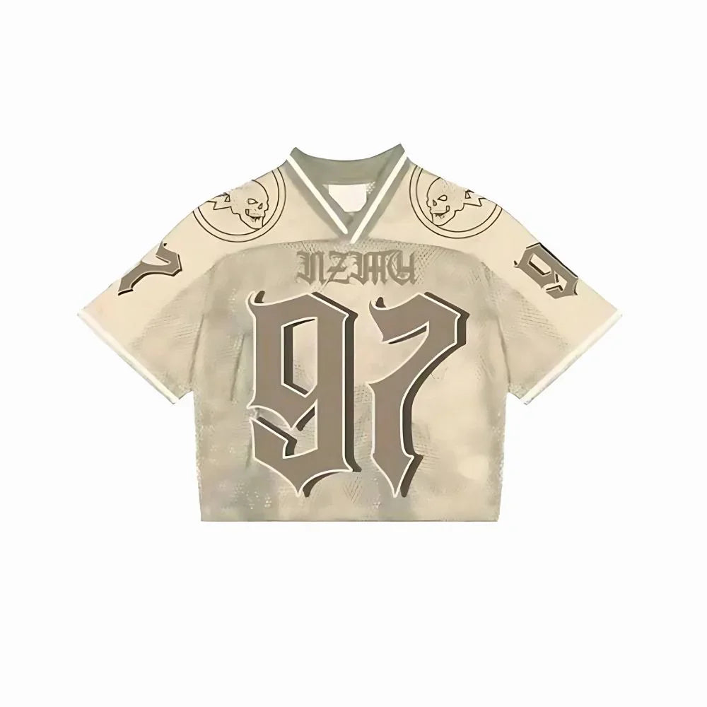 Beige sports jersey with '97' and brand logo on a white background