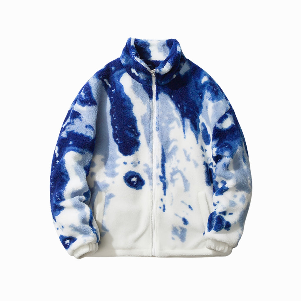 Blue and white tie-dye jacket on a white background