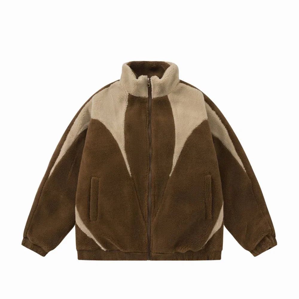 Brown and beige fleece jacket on a white background
