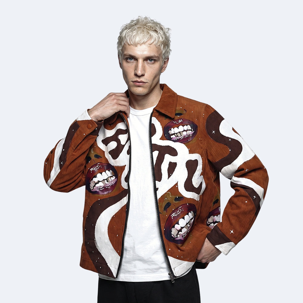 A model with platinum blonde hair wearing a brown suede bomber jacket with white graphic lettering and surreal mouth illustrations, layered over a white t-shirt and black pants, against a light gray background.