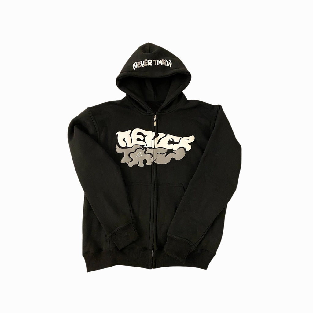 Black hoodie with white text on a white background