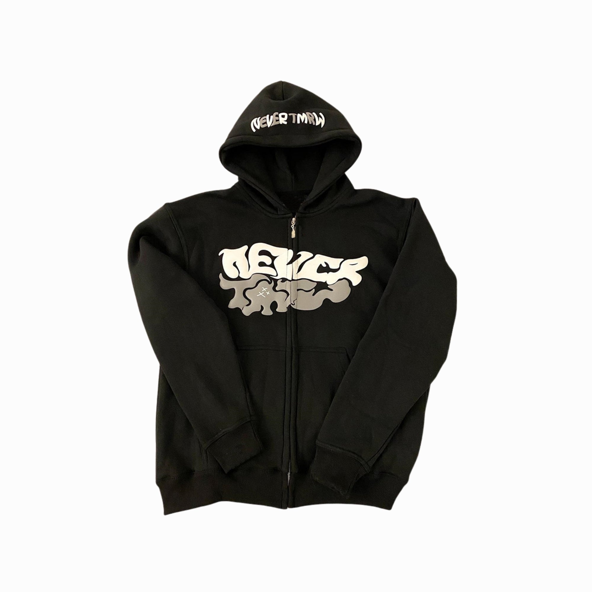 Black hoodie with white text on a white background