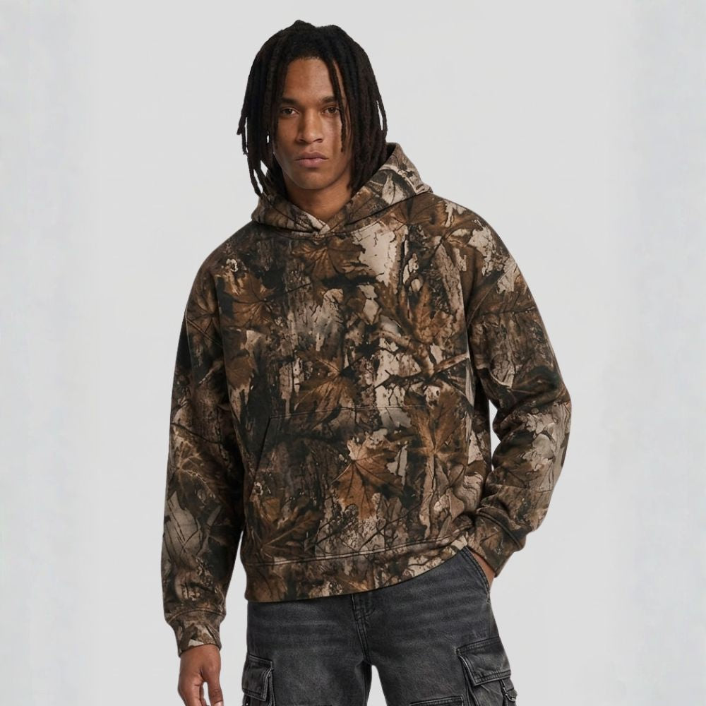 Person wearing a camouflage hoodie on a white background