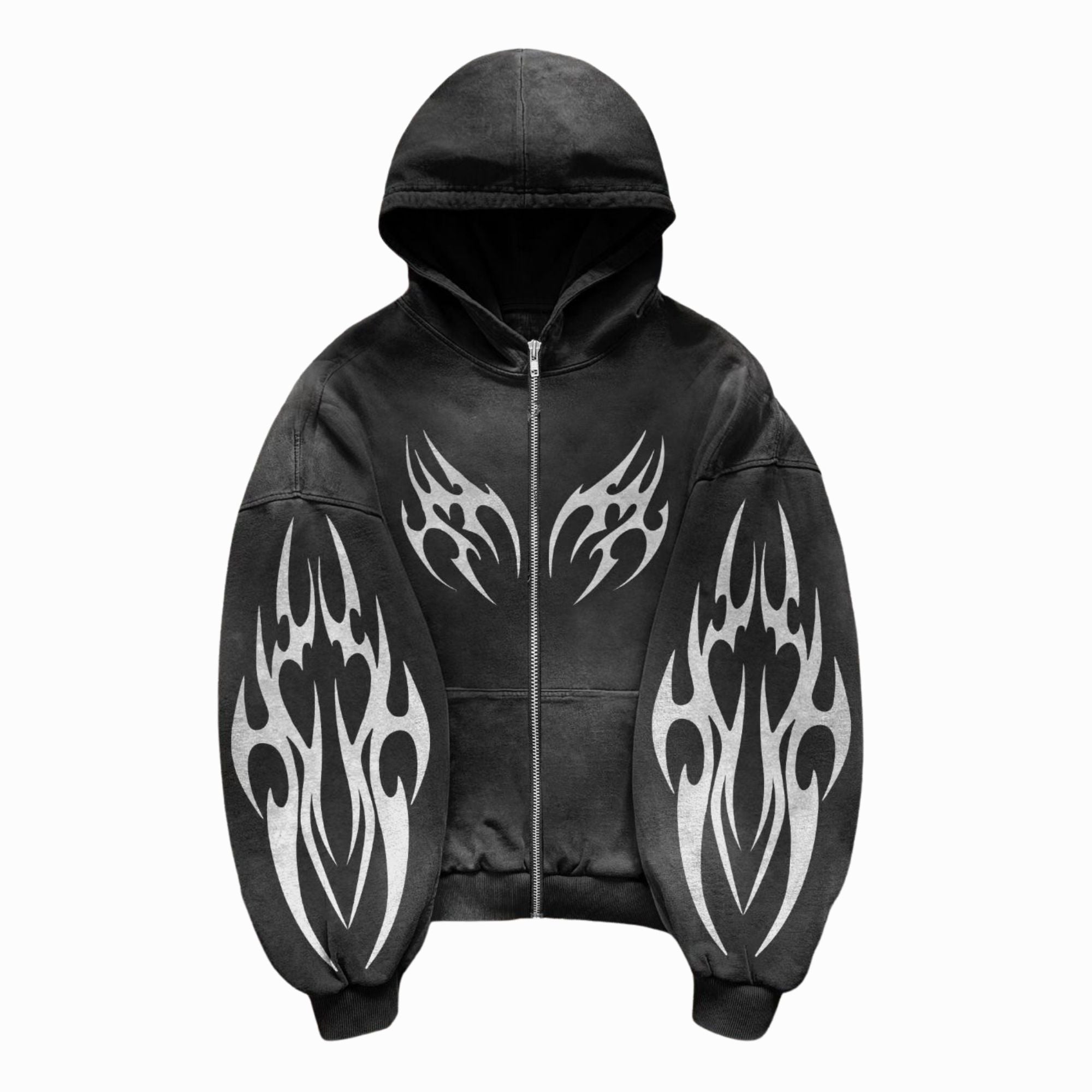 Black hoodie with tribal designs on a white background