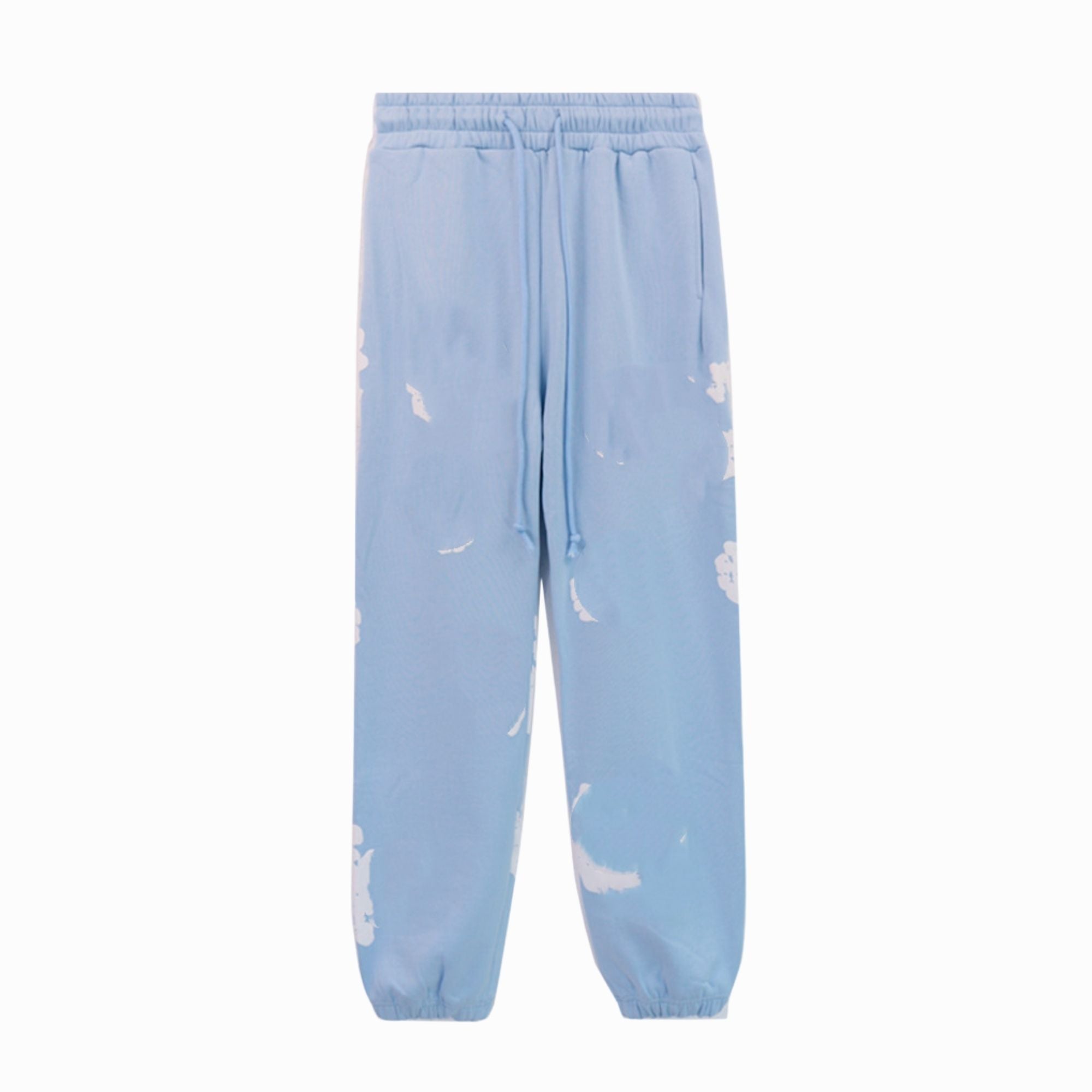 Light blue sweatpants with cloud pattern on a white background