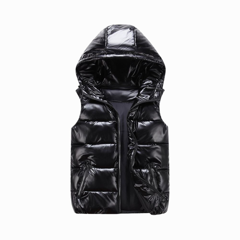 Black puffer vest with a hood on a white background