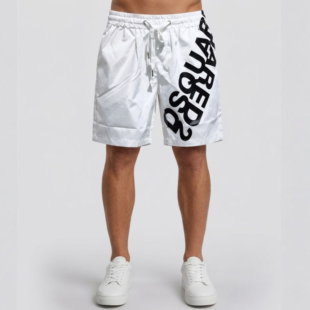 White shorts with black text on a white background