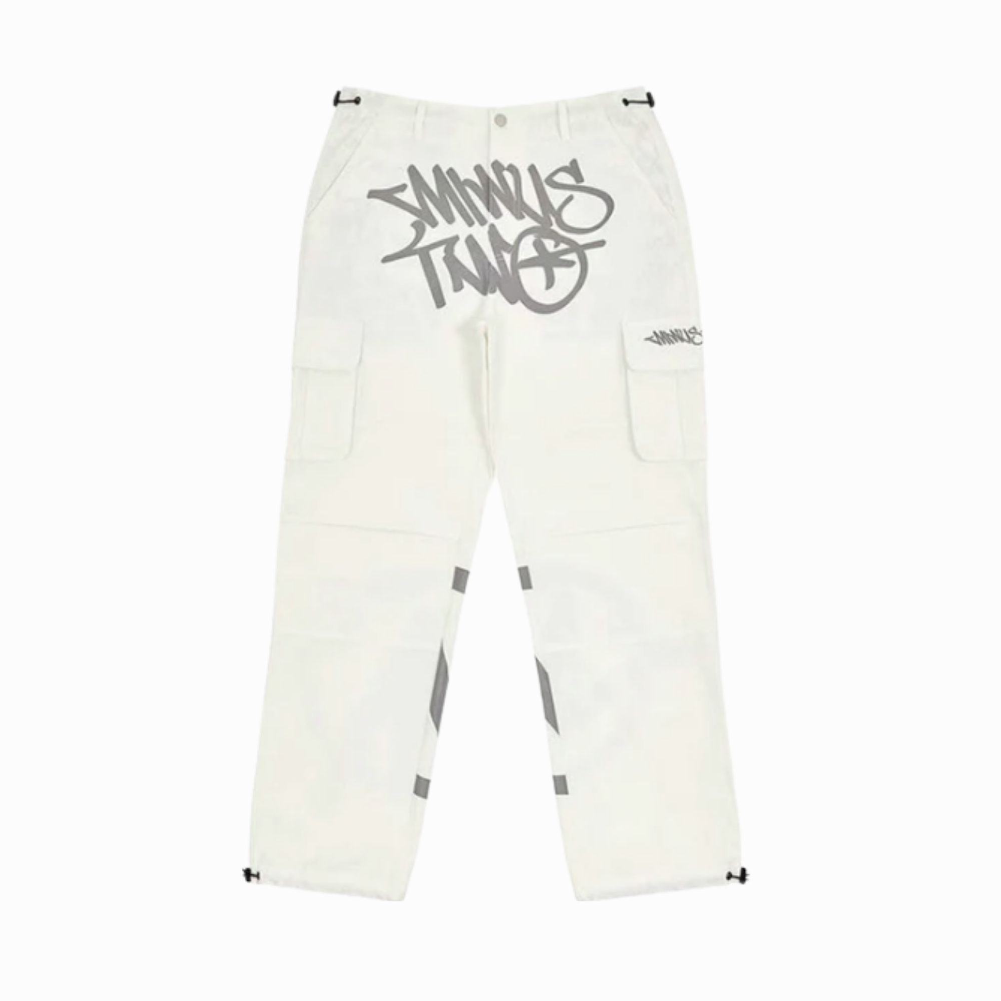 White pants with black text and branding on a white background