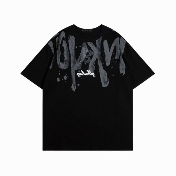Black t-shirt with gray graphic design on a white background