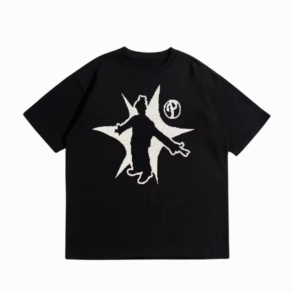 Black t-shirt with white graphic design on a white background