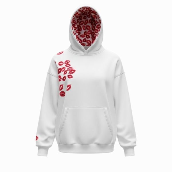 White hoodie with red lip print on a white background