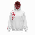 White hoodie with red lip print on a white background