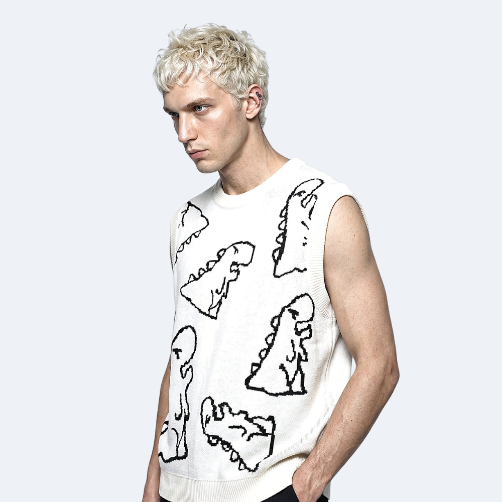 White. A man wearing a sleeveless knit sweater vest in off-white with black hand-drawn dinosaur patterns.