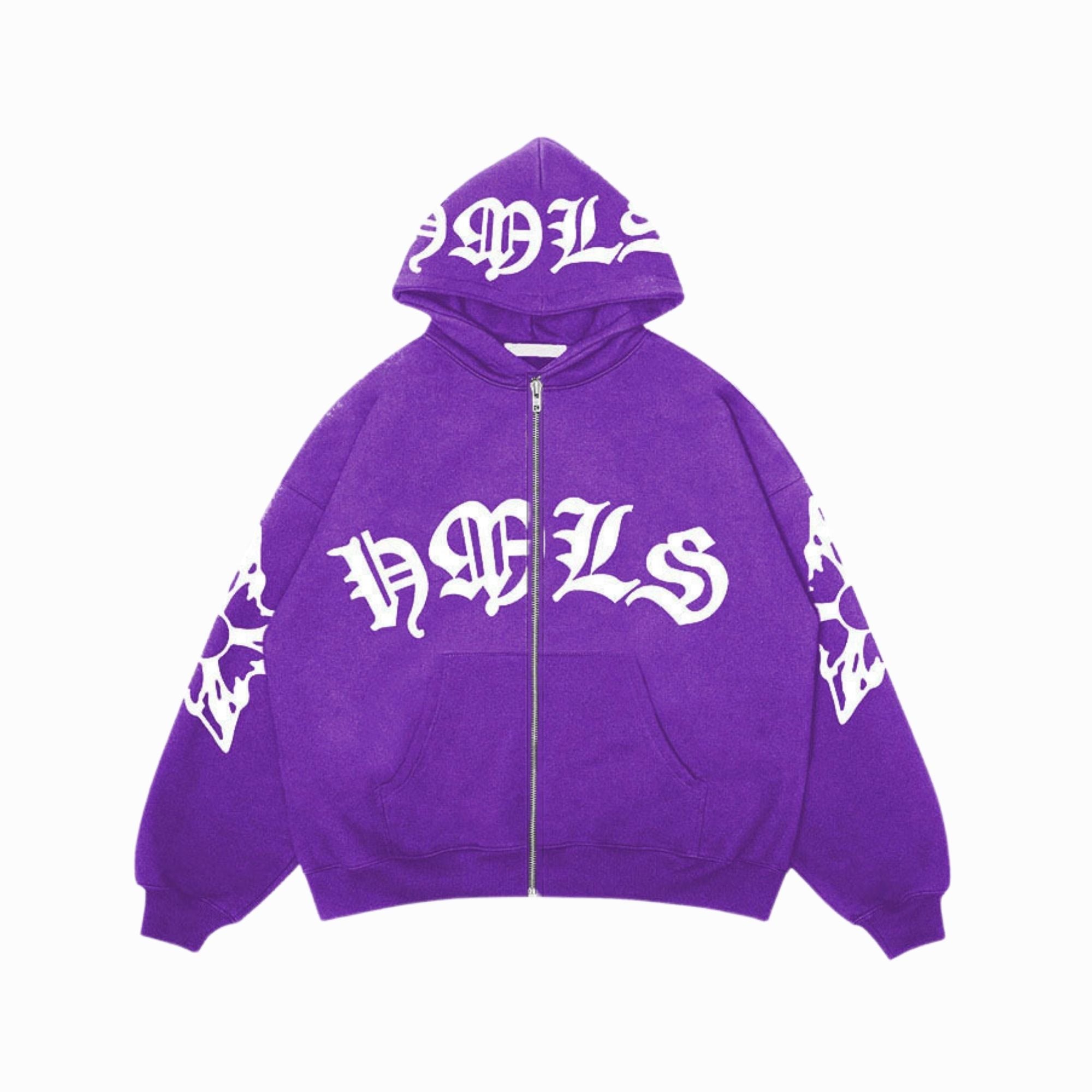 Purple hoodie with white text and designs on a white background